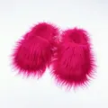 Detailed macro shot of vibrant magenta long faux fur slippers in a trendy Y2K aesthetic - 36 (US 3) / Rose Red