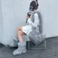 Stylish Y2K style faux fur set with heart-shaped shoulder bag and fuzzy snow boots in grey - 36 / Grey Set