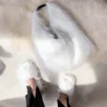 Chic white long hair faux fur tote bag and matching open toe slipper set for Y2K style - 36 ( US 3 ) / White Set