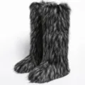 Premium Y2K Kunstfell Schneestiefel kniehoch in Schwarz-Grau für wohlige Winterwärme. - Schwarz mit weißen Spitzen