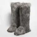 Modische graue Kunstpelz-Schneestiefel, kniehoch mit warmem Futter im Y2K-Stil - Grau
