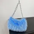 Stylish light blue shaggy faux fur underarm handbag with silver chain strap variant - Blue