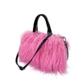 Fashionable Y2K style pink faux fur plush tote bag featuring black leather handles and strap - Deep Pink