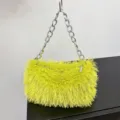 Stylish neon yellow faux fur baguette handbag featuring a chunky silver chain strap. - Grass Green