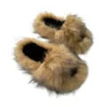 Fashionable Y2K punk style brown faux raccoon fur fluffy plush slippers for women - 36 / Brown