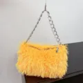 Vibrant yellow faux fur handbag with thick silver chain strap, perfect underarm baguette bag - Bright Orange