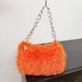 Chic orange faux fur underarm bag with chunky silver chain handle for women - Orange