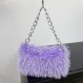 Trendy purple plush fringe shoulder bag with silver chain strap for women - Purple