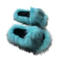 Y2K style faux raccoon fur plush slippers in vibrant cyan and black fuzzy design - 36 / Lake Blue