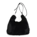 Sac à main élégant en fausse fourrure de renard noir avec bandoulière réglable - Noir