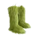 Green shaggy faux fur knee-high snow boots with fluffy texture for winter - 36 / Olive Green