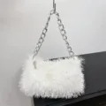 Trendy white fluffy faux fur shoulder bag featuring a chunky silver metal chain strap - White