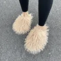 Cozy beige Mongolian faux fur slides with fluffy shaggy texture for home and outdoor use - 40/41 / Milk Coffee
