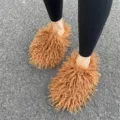 Cozy brown Mongolian faux fur slides featuring a fluffy curly texture for home wear - 40/41 / Coffee