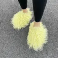 Gele Mongoolse imitatiebont slippers, platte pluizige huisschoenen voor dames mode - Gans Geel