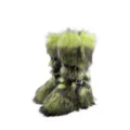 Detail view of Y2K punk lime green faux fur boots with buckle straps and rivets - Fluorescent Green