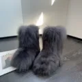 Dark grey fuzzy Y2K faux fur mid-calf snow boots with thick platform soles - 36 / Dark Gray