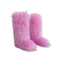 Vibrant pink faux fur high-top snow boots with shaggy texture for cozy winter warmth. - Pink Purple