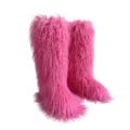 Fluffy pink faux fur knee-high snow boots with long shaggy texture - Faux Tibetan Sheep Fur Dark Pink