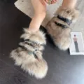 Close-up of Y2K punk faux fur snow boots with black studded leather buckles. - 38 / Almond Milk White (Platform Short Boots)