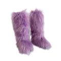 Lavender purple faux fur knee-high snow boots for women with fluffy texture. - Taro Purple