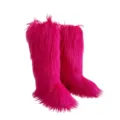 Vibrant pink faux fur knee-high snow boots for women with warm fluffy long plush texture - Rose Red