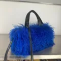 Bolso tote de piel sintética azul brillante con correas de cuero negro estilo Y2K - Piel de cordero tibetano azul real 436