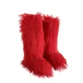 Trendy red knee-high faux fur snow boots with long plush texture for winter warmth - Red