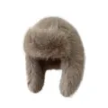 Warm faux fox fur trapper hat with ear flaps in light brown color - Camel