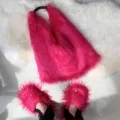 Y2K millennial style hot pink long faux fur tote bag and matching slippers set - 36 ( US 3 ) / Rose Red Set