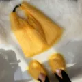 Conjunto de bolso tote de piel sintética amarillo vibrante y zapatillas peludas Y2K - Conjunto Naranja