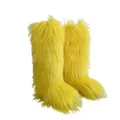 Vibrant yellow faux fur high-top boots with long plush texture for women. - Yellow