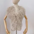 Elegant sexy backless Mongolian faux fur halter top with long curly pile pile texture - One Size / Apricot