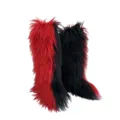 Fashionable faux fur knee-high snow boots featuring a bold red and black split color design - Red and Black