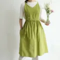 Grembiule giapponese in cotone verde lime con scollo a V, impermeabile e con tasche - Verde