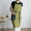 Delantal de cocina profesional de algodón y lino verde con bolsillo verde oscuro - Verde Fruta