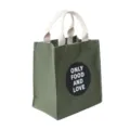 Borsa pranzo in tela verde scuro con stampa 'ONLY FOOD AND LOVE' e manici bianchi - Verde