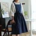 Classic dark blue pleated cotton vest-style apron for stylish kitchen or cafe use - Navy Blue