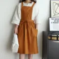 Brown minimalist pleated cotton apron with waist tie and side pocket for home use - Orange