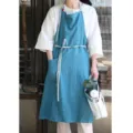 Grembiule classico in cotone e lino blu stile giapponese con lacci regolabili - Color-block blu lago