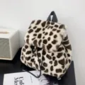 Stylish leopard print faux fur plush drawstring backpack for girls and students - Faux Rabbit Fur - White Leopard Print
