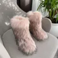 Fluffy pink and black faux raccoon fur snow boots, warm plush winter footwear Y2K style - 38 / Fleshy Pink Raccoon
