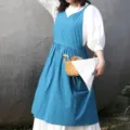 Grembiule in cotone blu stile giapponese per donna, design senza maniche con pratica tasca - Blu lago