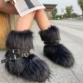 Detailed view of Y2K punk style black faux fur snow boots with decorative buckles - 38 / Black Grape Blue (Platform Short Boots)