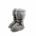 Stylish grey Y2K punk faux fur snow boots featuring black buckled straps and silver rivets - Gray