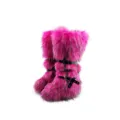Y2K punk style hot pink faux fur boots featuring black buckled leather straps and silver rivets - Rose Red
