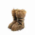 Trendy Y2K punk brown faux fur boots featuring multi-layered black studded buckle straps - Coffee