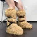 Stylish Y2K punk faux fur platform snow boots featuring studded black buckle straps - Brown