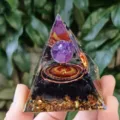 Crystal orgonite pyramid with amethyst sphere and obsidian stones for home office decor. - Phoenix Obsidian (QK91) / 5cm [Neutral Color Box]
