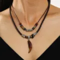 Retro doppelreihige geflochtene Kette mit Hornanhänger und bunten Ethno-Perlen Set - Weiß K